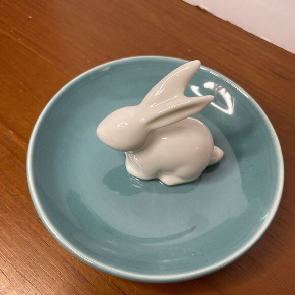 Lauren Conrad Brand Teal and White Bunny Trinket Tray Plate - Picture 2 of 6